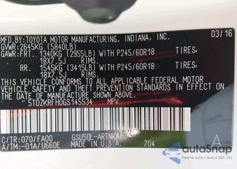 2016 Toyota Highlander Le Plus V6 z USA, uszkodzony, nr VIN 5TDZKRFH0GS145534